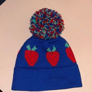 *vintage* strawberry knit beanie cap hat with puffball Pom Pom top
